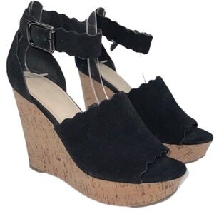 Marc Fisher Black Leather Hayo Wedge Platform Sandal 6